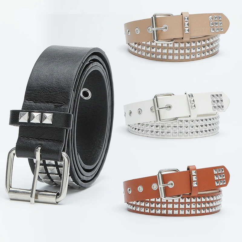 2023 Square Bead Rivet Waist Belt Solid Color PU Leather Eyelet Metal Pin Buckle Jeans Decorative Waistbands Studded Waist Belt