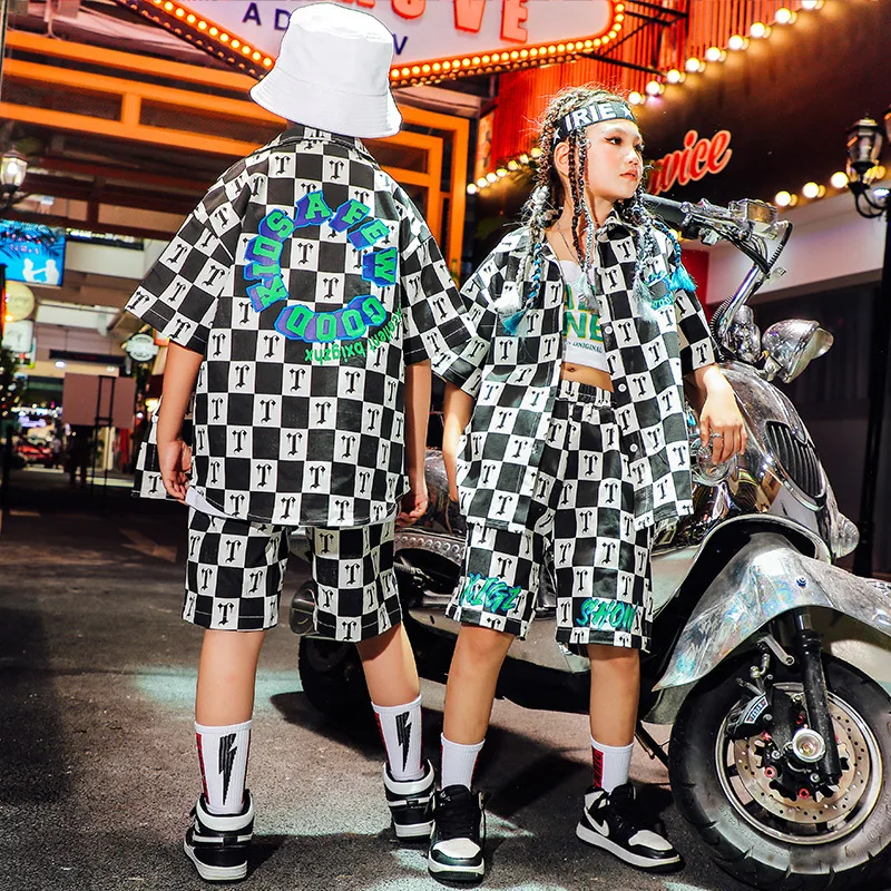 

Kid Hip Hop Clothing Black Checkered Shirt Short Sleeve Top Streetwear Summer Shorts for Girl Boy Jazz Dance Costume Clothes Set