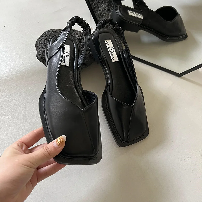 2023 Summer Elegant Ladies Sandals Fashion Ladies Elastic Band Flat Heel Women Shallow Party Shoes Square Heel 35-40 Square Toe