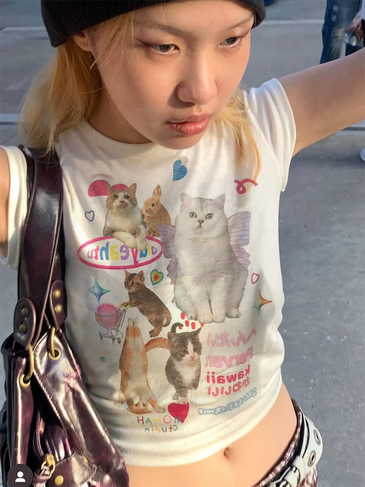 Фото Японский y2k Kawaii Cat Print короткий рукав Tee Women Grunge кроп-топы Fairycore Graphic футболка E-girl 2000s корейская мода №2