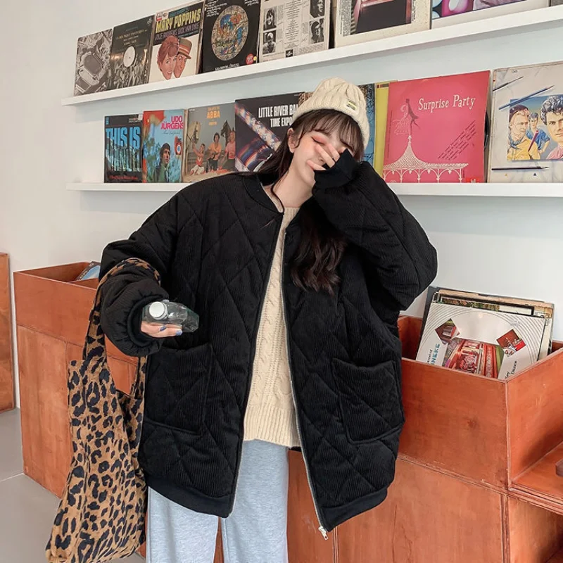 Winter Women's Cold Coat Corduroy Thick Padded Jacket Jackets Harajuku Super Hot Coats Loose Retro Long Sleeve Top Cheap New