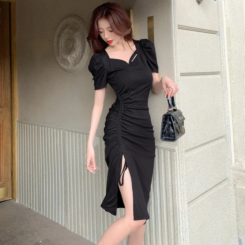 

COIGARSAM Women's Summer Dress New Sexy Pleated High Waist Gray Black Dresses Dropshipping