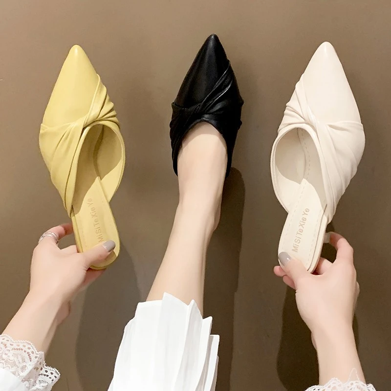 

Slippers Women's Shoes 2022 Trend Summer New Pointed Toe Stiletto High Heels Bow Office Sexy Women's Slippers Zapatos Mujer PU