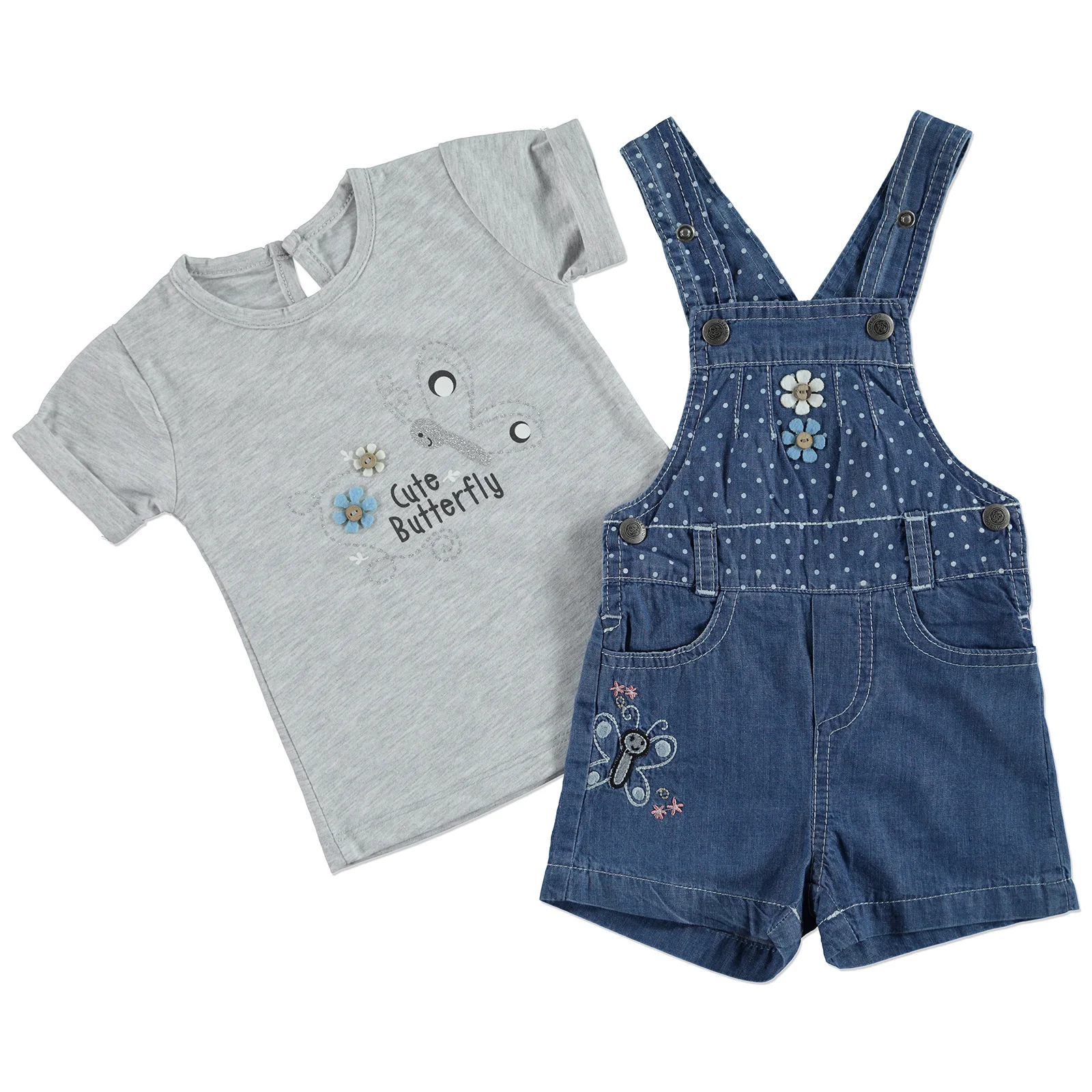 

ebebek Overdo Summer Baby Girl Butterfly Embroidered Dungarees T-shirt Set