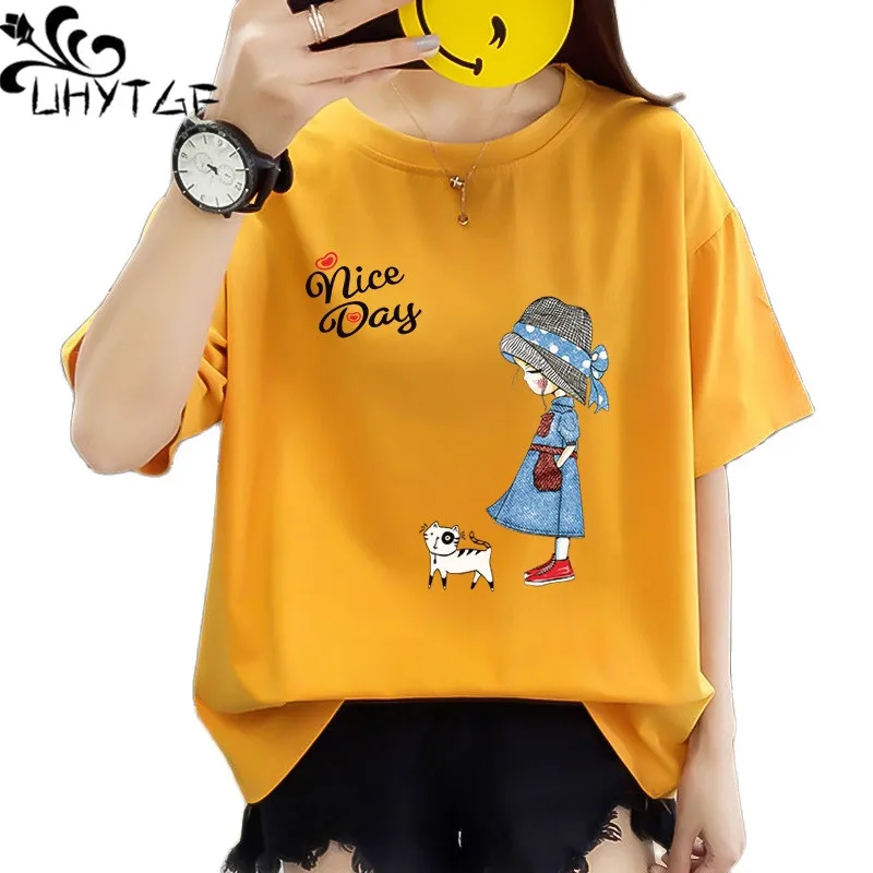 

UHYTGF 2023 Summer T-Shirt Women's Korean Loose Oversized T-Shirt Female Print Short Sleeve Breathable Casual Tops Ladies 4XL328
