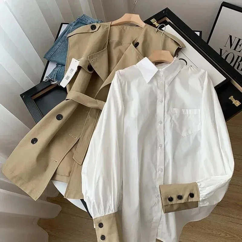 

Office Two-piece Sets Loose White Long Sleeves Shirt+tie Waist Trench Coat Vest Suit Single-breasted Tooling Women Suits X1114