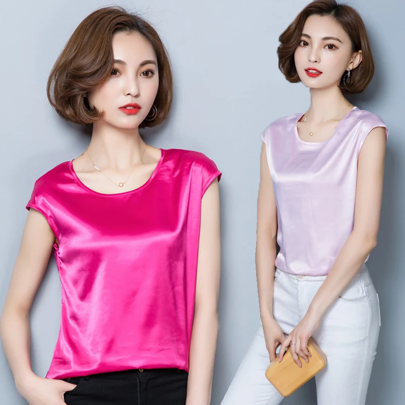 

high quality Women silk Blouses Casual OL Silk Blouse Loose Sleeveless Work Wear Blusas Feminina Tops Shirts Plus Size Pink Red