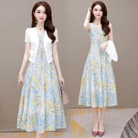 2022 new summer women two piece sets casual short sleeve t shirt top and floral chiffon midi dress female dresses suit j298