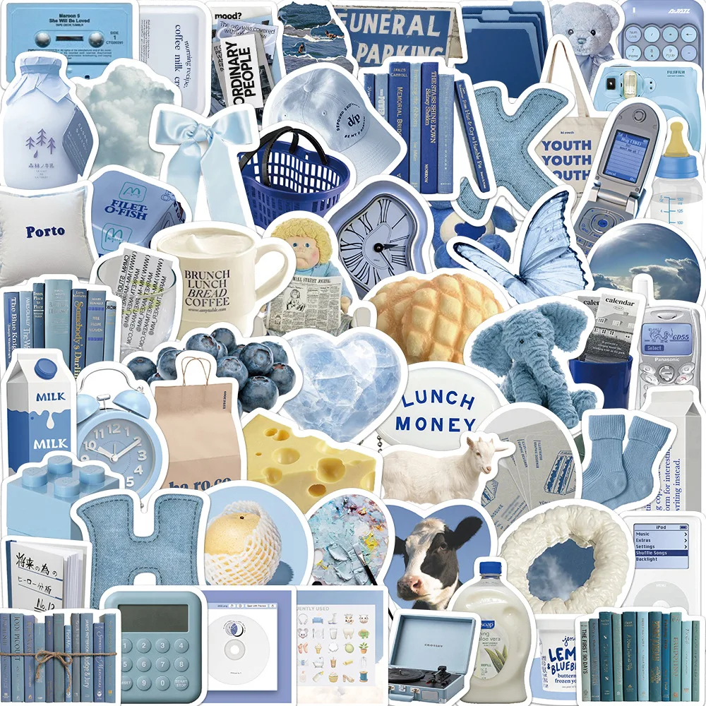 

60pcs Kawayii Blue Aesthetic Stickers Graffiti Decals Laptop Phone Scrapbook Car Luggage Waterproof Kids stationery Stickers