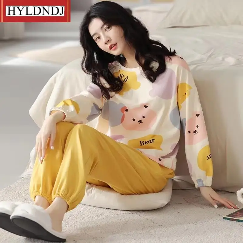 New Spring /autumn Thin 2Pieces Pyjamas Womens Girls Round Neck Long Sleeve Lovely Home Wear Sleepwear Pajamas Set M-5Xl