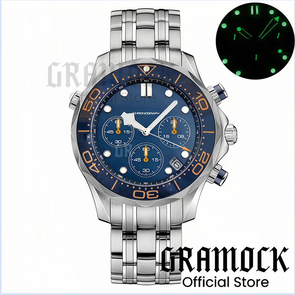 Фото Gramock 41 мм Мужская мода VK63 Наручные часы с хронографом Сапфировое стекло Светящийся циферблат Стрелки Керамический безель Стальные часы для дайвинга для мужчин №2