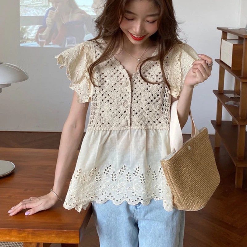 

A GIRLS Blouse Women Summer Lovely Vintage Solid New Fashion Ulzzang Teenagers Design Elegant Casual Daily Patchwork Tender Chic