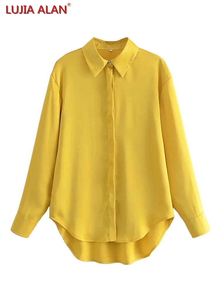 

Women Turndown Collar Yellow Loose Shirt Summer Female Long Sleeve Blouse Smock Office Lady Tops Blusas LUJIA ALAN B119