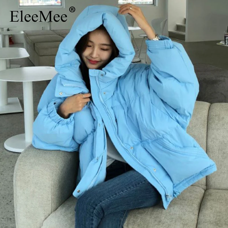 

EleeMee Thick Warm Jacket For Women Padded Loose Hooded Parkas All-Match Oversized 2022 Winter Warm Fashion Coat Free Size