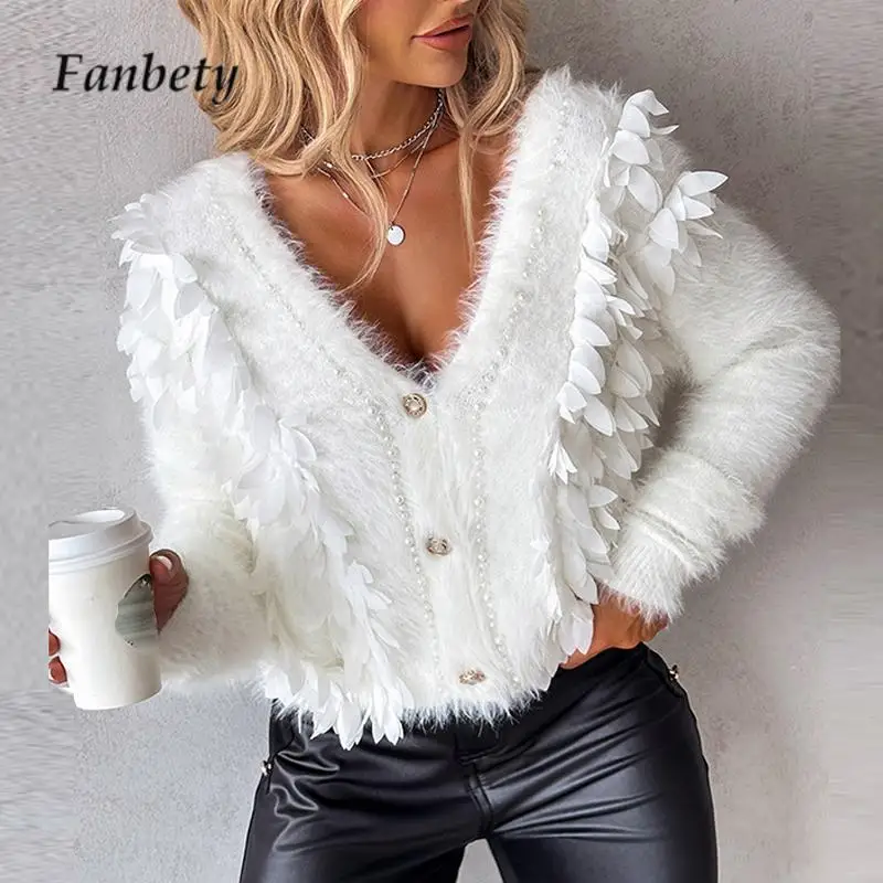 

Casual V Neck Button Solid Pearl Knitwear Fashion White Fluffy Fringed Cardigan Sweater Autumn Winter Lazy Wind Women Sweater