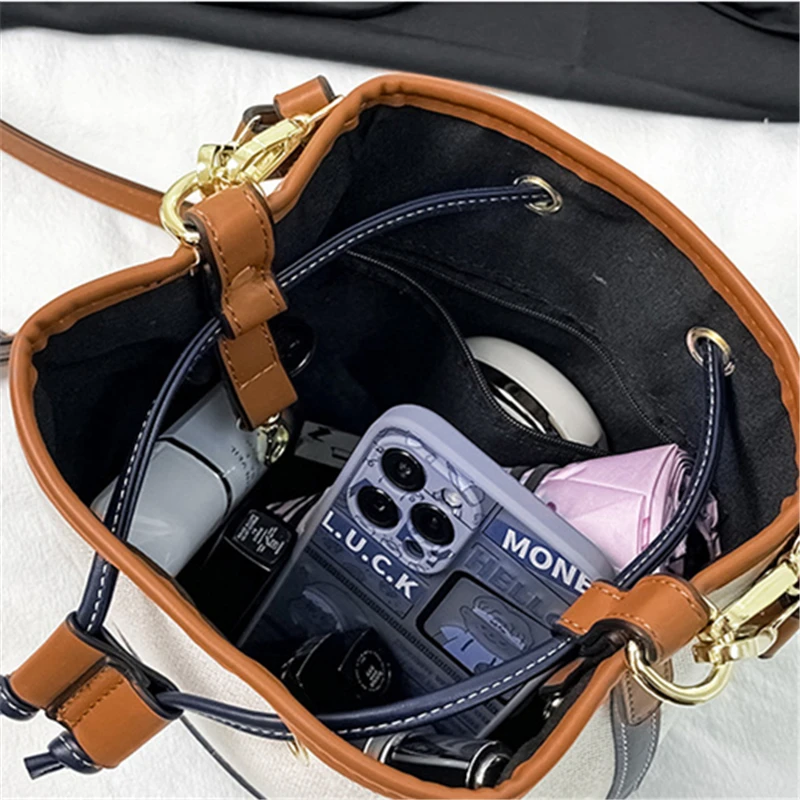 Fashion Canvas Bucket Shoulder Bag Women Contrast Color Drawstring Crossbody Tote Female Portable Messenger Bags Ladies Handbags