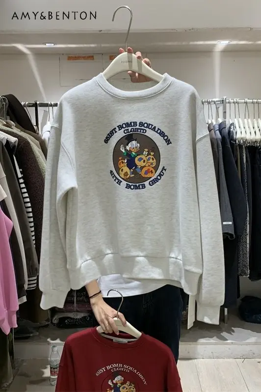 

Women's Clothing Alphabet Cartoon Printing Plus Velvet Sweatshirts Winter Loose Casual All-Matching Pullover Tops for Ladies