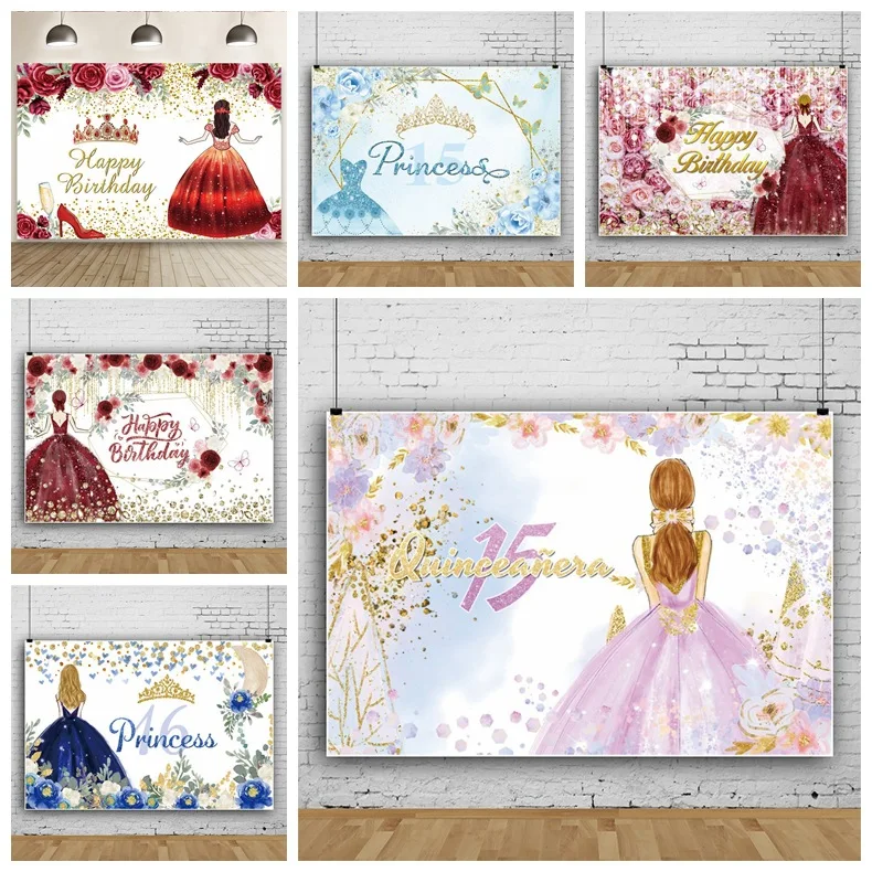 

Princess Flower Crown Background Birthday Party 16 Years Old Bar Mitzvah Photo Studio Photography Backdrops Wallpaper Banner