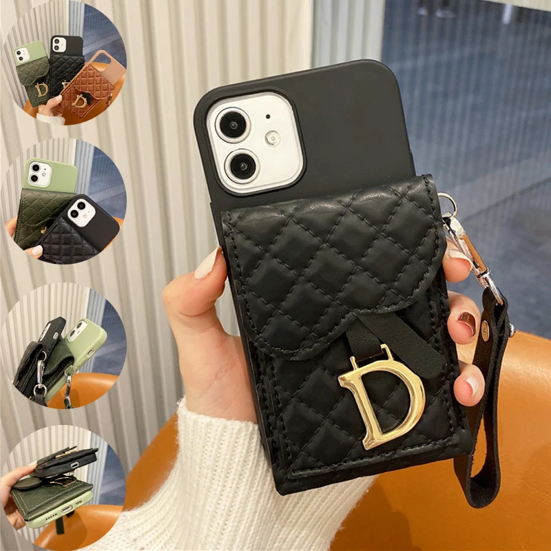 

Lozenge Pattern Card Pocket Phone Case with Hands Strap Lanyard for Samsung A82 A52 A72 A32 A42 A12 A03s M51 F62 Cover D Buckle