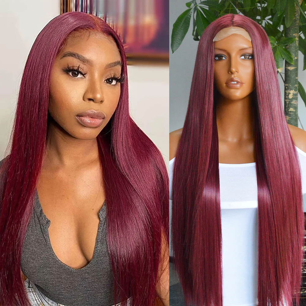 

Длинные шелковистые прямые волосы красного цвета на шнуровке спереди синтетический парик для чернокожих женщин с детскими волосами термос...