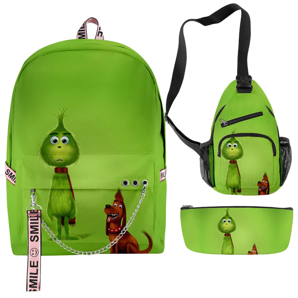 

Youthful Green Haired Grinch 3pcs/Set Backpack 3D Oxford Waterproof Notebook multifunction Backpack Chest Bag Pencil Case
