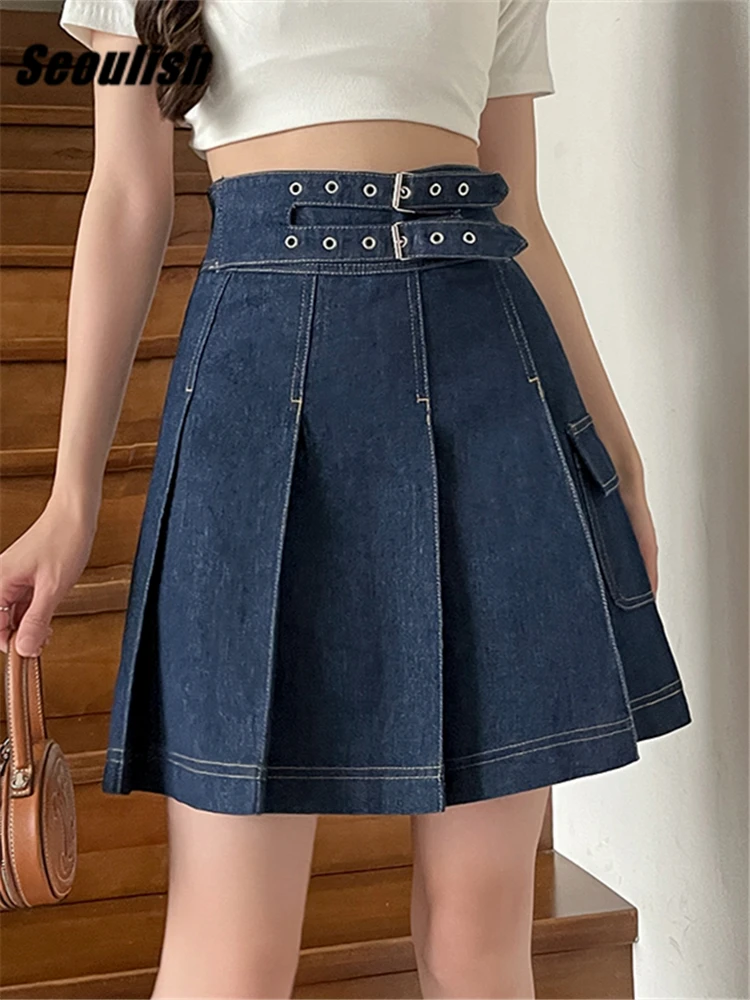

Seoulish High Waist Pleated Women's Denim Skirts with Belted Spring Summer Casual Jeans Sexy Mini Skirt Pockets Female 2023 New