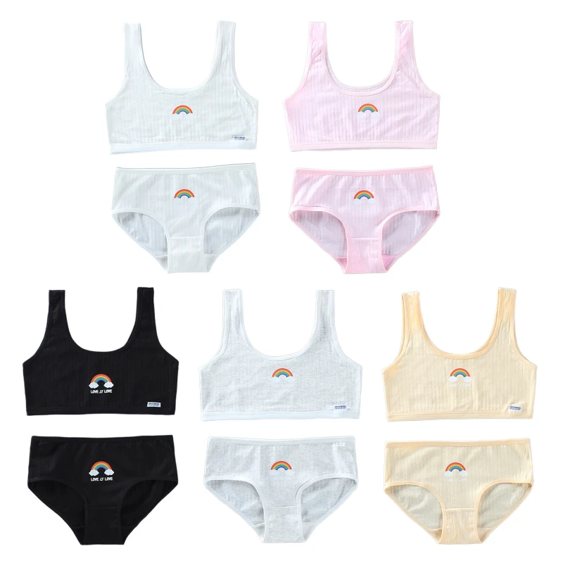 

Комплект нижнего белья для девочек-подростков из 2 предметов, хлопковый тренировочный бюстгальтер с радужным принтом, топ и трусики, спорти...