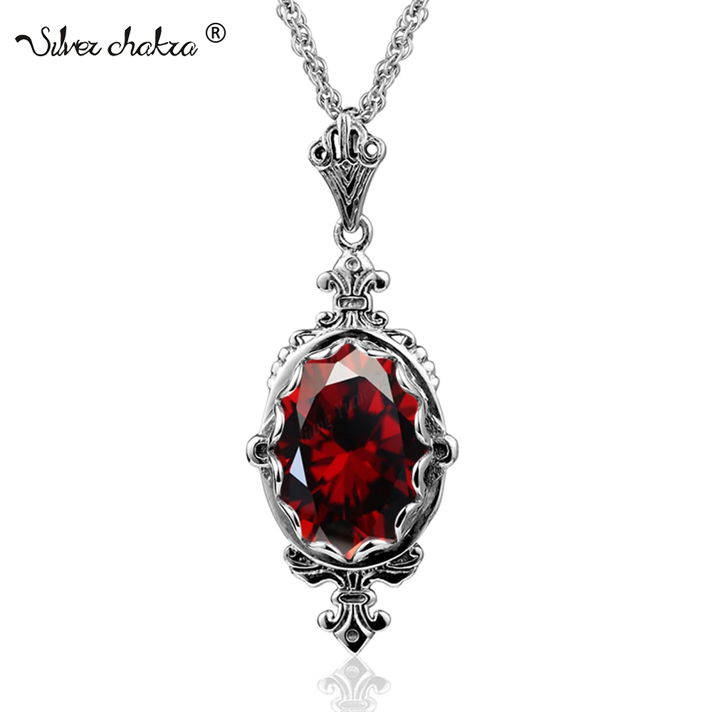 

Trendy Solid 925 Sterling Silver Garnet Necklace Pendant For Women Stone Statement Wedding Vintage Jewelry Gifts Christmas Trend