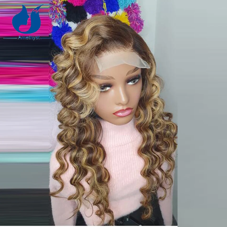 

Amethyst Curly Human Hair Wig Honey Blonde Highlight Brazilian Brown Color Deep Wave Transparent 13x6 Lace Frontal Colored Wig