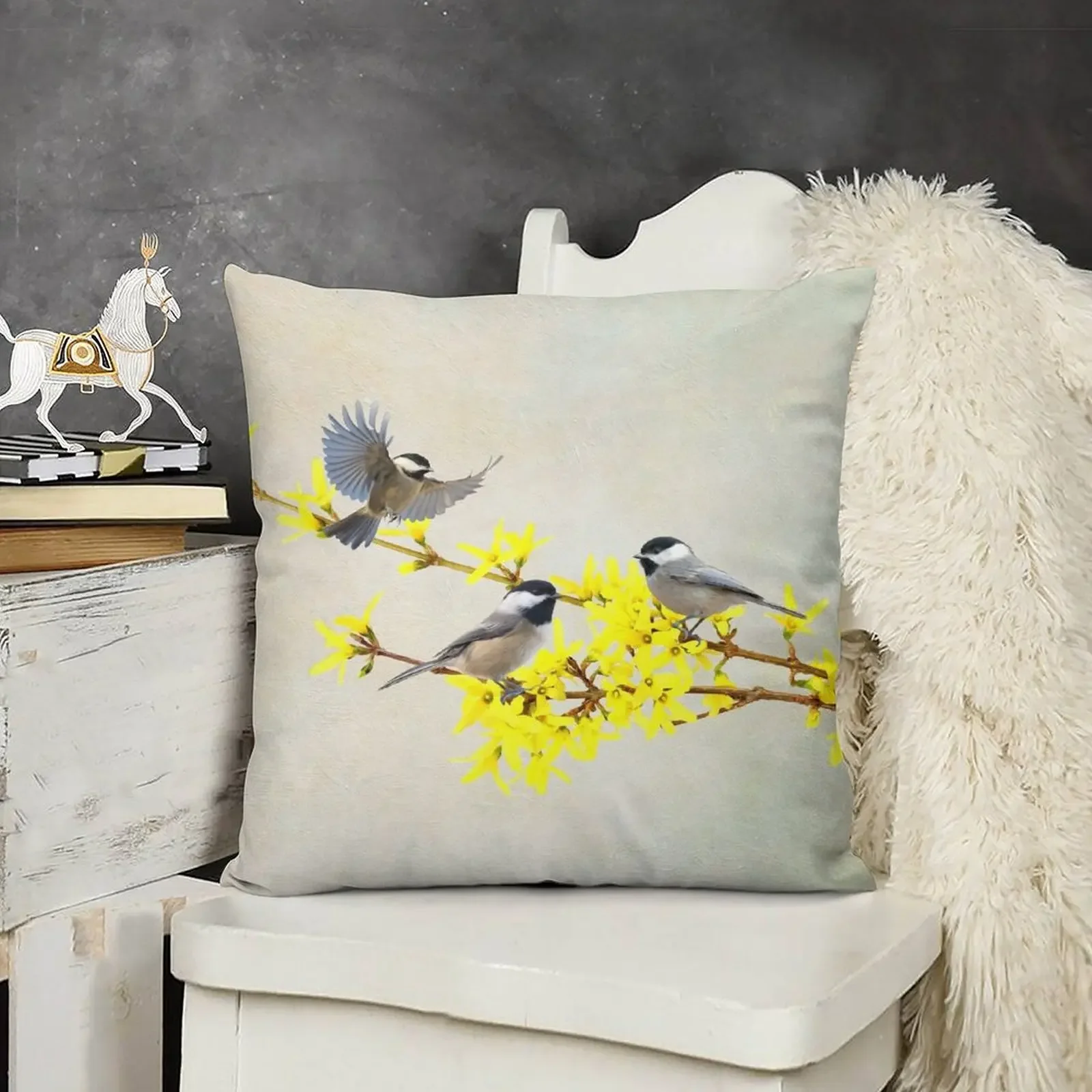 Фото Декоративная подушка Chickadees and Forsythia, чехлы для диванных подушек, декоративные подушки для гостиной, диванные подушки, подушка №1