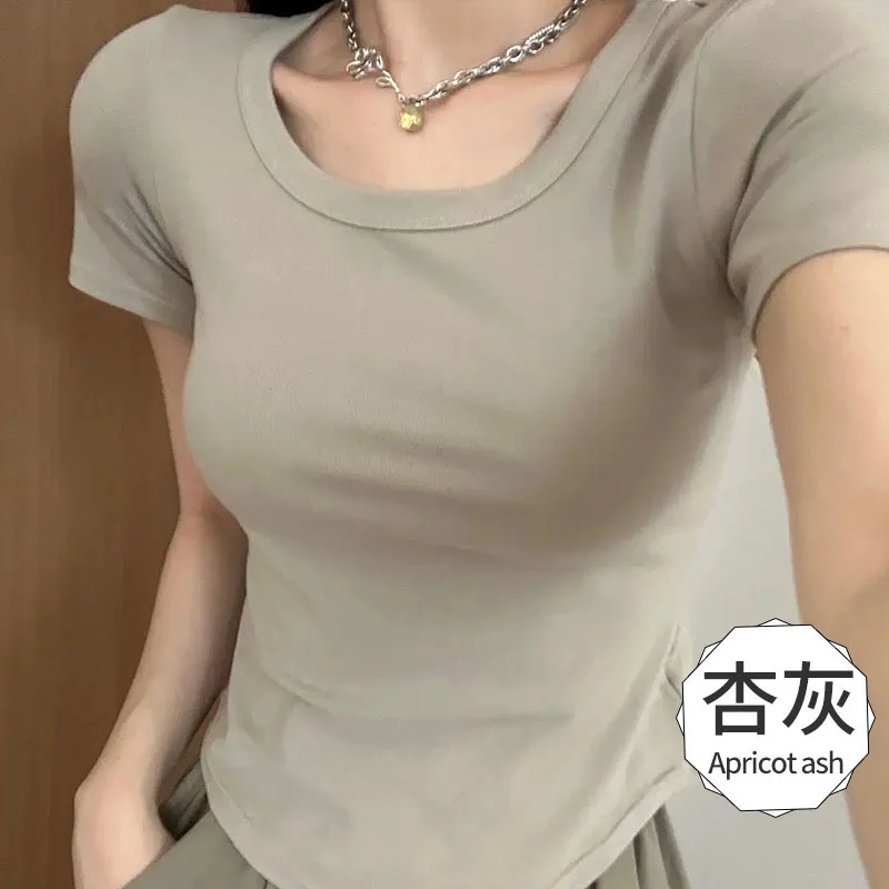 

Новинка 2023, летняя однотонная облегающая Базовая футболка с U-образным вырезом и короткими рукавами, простая черная футболка с короткими рукавами