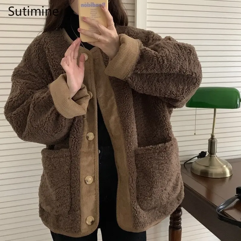 Winter Clothes Women Office Lady Korean O-Neck Loose Splicing Corduroy Lamb Wool Cotton Coat Women Single Breasted Coat Women