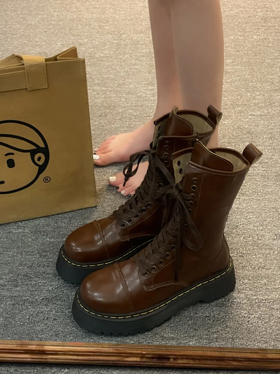 

Summer Boots Women Boots-Women Round Toe Shoes Lace Up Flat Heel Med 2023 Black Ankle Lolita Rock Ladies Riding Cross-tied Solid