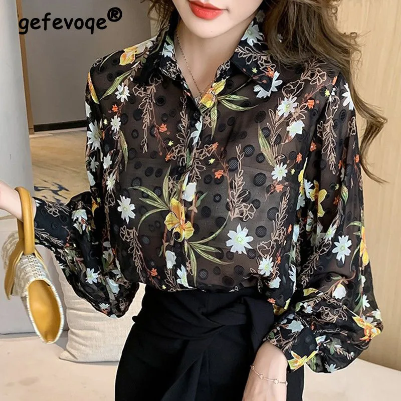 

Vintage Floral Printed Chic Fashion Elegant Chiffon Blouse Women Sexy Casual Lantern Long Sleeve Button Shirts Loose Ladies Tops