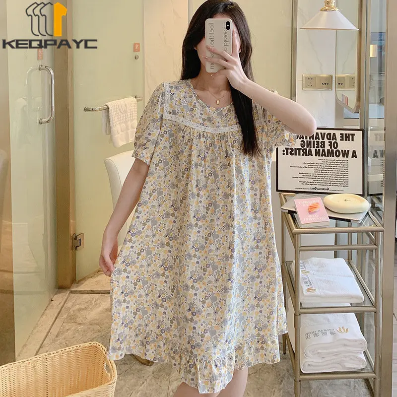 New Women's Sweet Nightgowns Spring Summer Women Fashion Short Sleeve O-neck Floral Thin Loose Dress Sleepwear Casual Pajamas