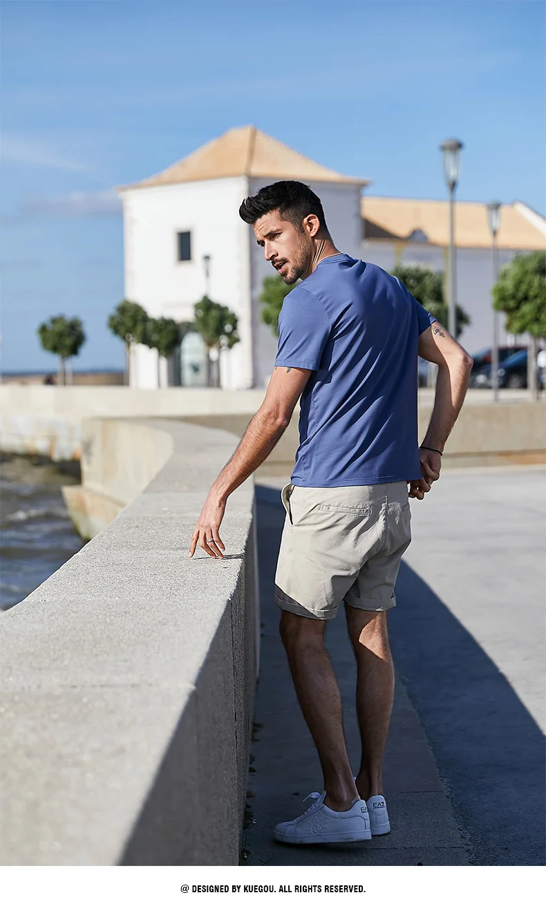 

J8957- Comfortable modal cotton short sleeve t-shirt men's slim fit solid color round neck elastic bottoming shirt
