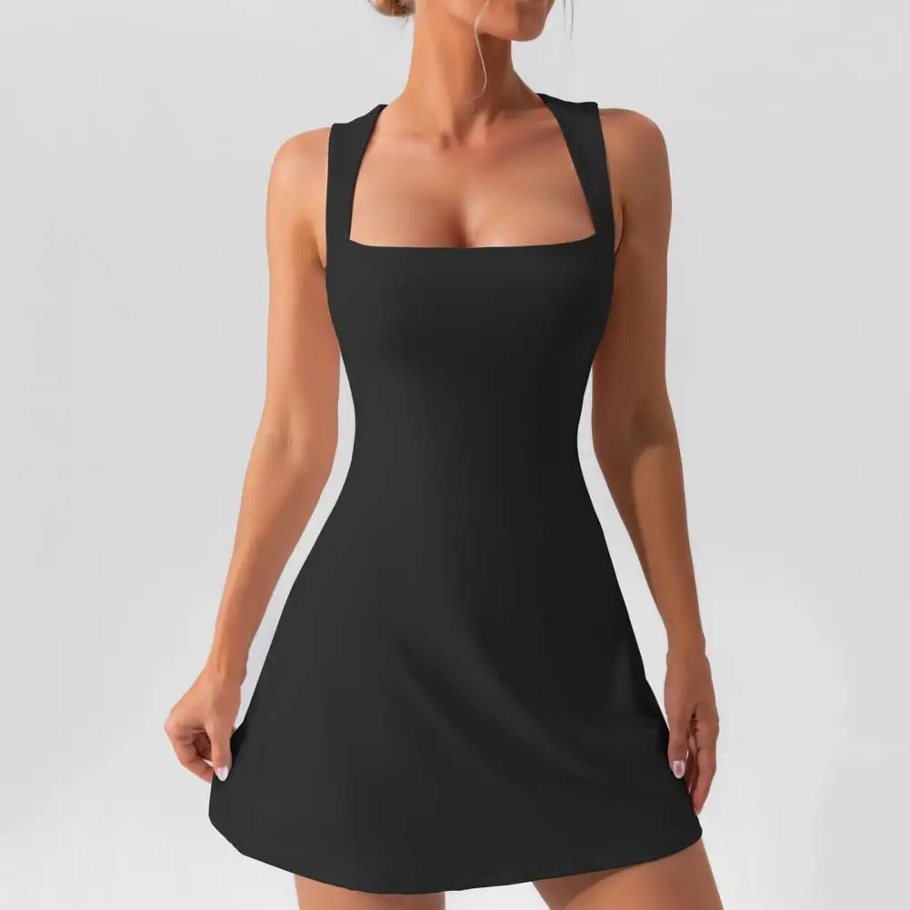 

Women Mini Dress Square Neck Sleeveless Tank Top Dress Solid Color Above Knee Length High Waist Skinny Bodycon Dress for Party