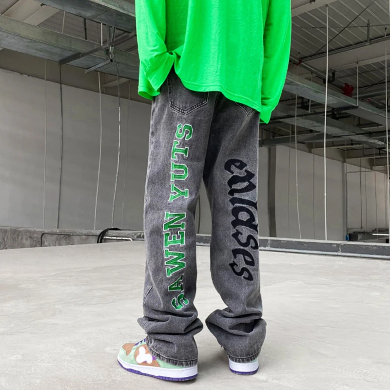 Men's Fashion Y2K Clothes Jeansy Letter Straight Trousers Denim Trousers Casual Jeans Wide Leg Pants For Men Streetwear Korean