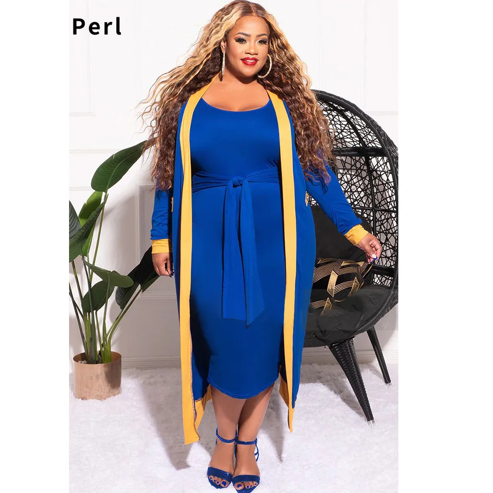 

Perl Women's Solid Color Striped Stitching Long-sleeved Coat Lace-up Vest Skirt Suit Plus Size 2 Piece Set Autumn Outfit l-4xl