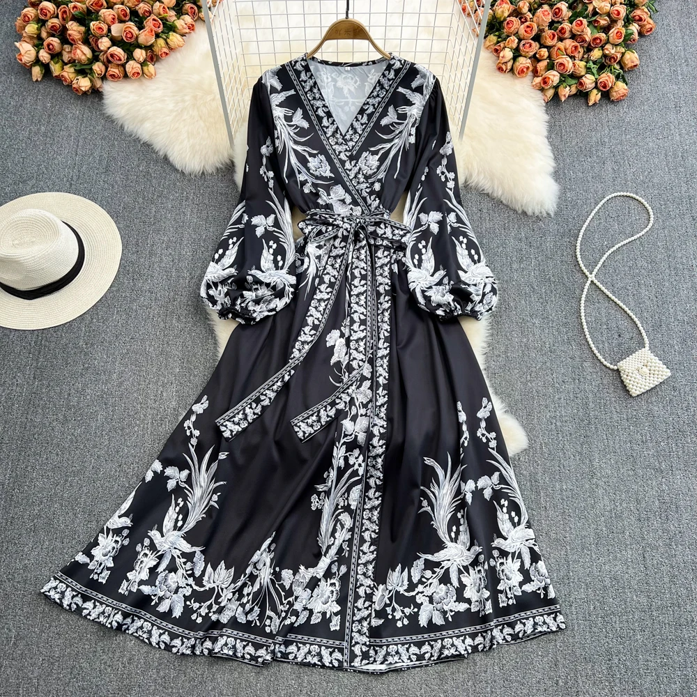 

Spring ladies temperament V-neck loose and thin lantern sleeves printed dress fashion elegant large swing long skirt women