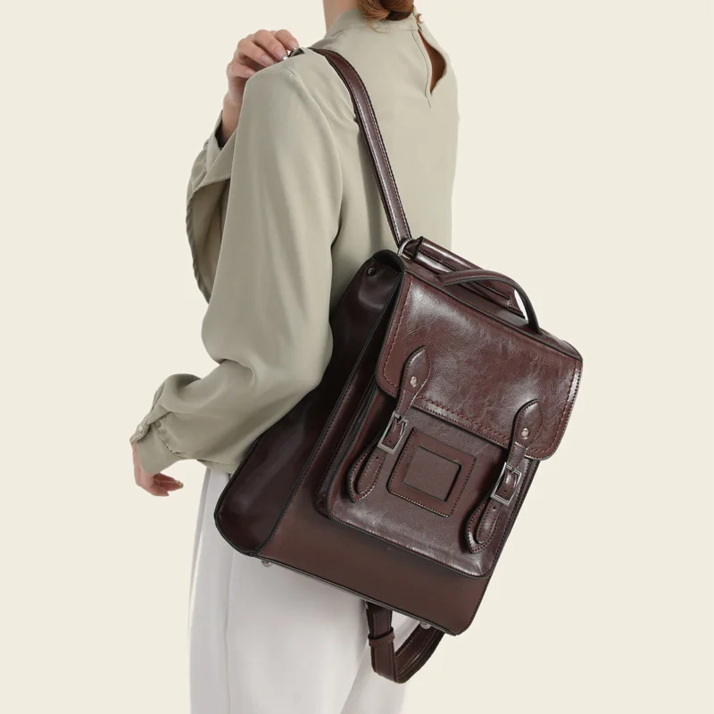 

New Genuine Leather Women's Bag Fashionable Oil Wax Cowhide Women's Backpack Schoolbag