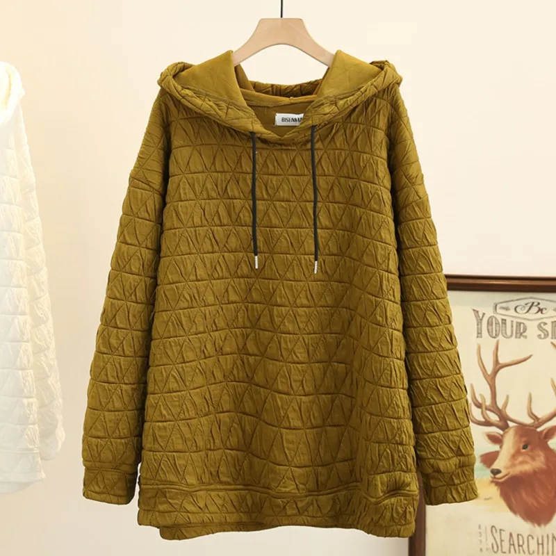 

5XL Plus Size Hoodies Women Autumn Winter Hooded Drawstring Sweatshirts Loose Fold Quilted Hoody Warm Curve Clothes