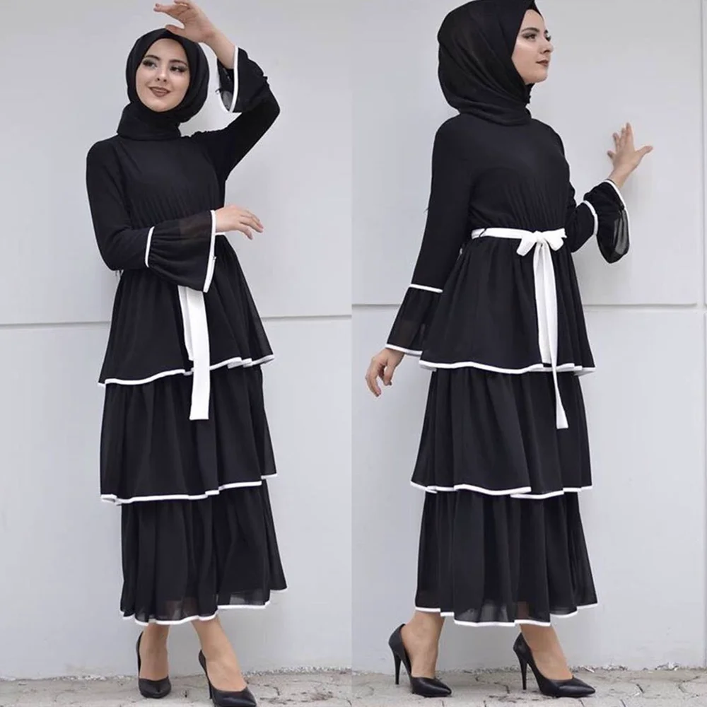 Летнее женское мусульманское платье, абайя, мусульманское арабское платье-кафтан с черным поясом, красивое элегантное женское платье со шн...