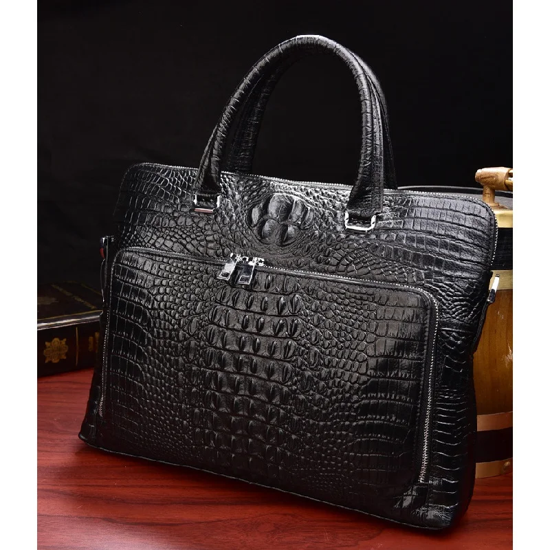 Crocodile Pattern Men Genuine Leather Briefcases Double Zipper Handbag Business Man Laptop Bag Luxury Shoulder Messenger Bag