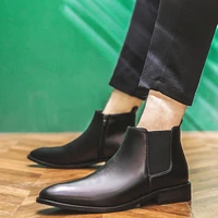 men chelsea ankle boots british pu leather zip pointed toe high top casual business dress shoes low heel male work safety shoes
