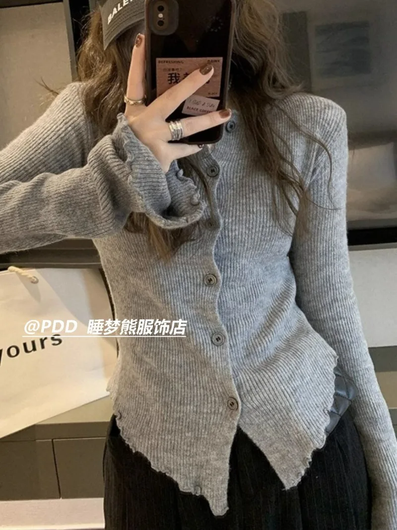 Y2k серый винтажный женский Кардиган с длинным рукавом в стиле Харадзюку