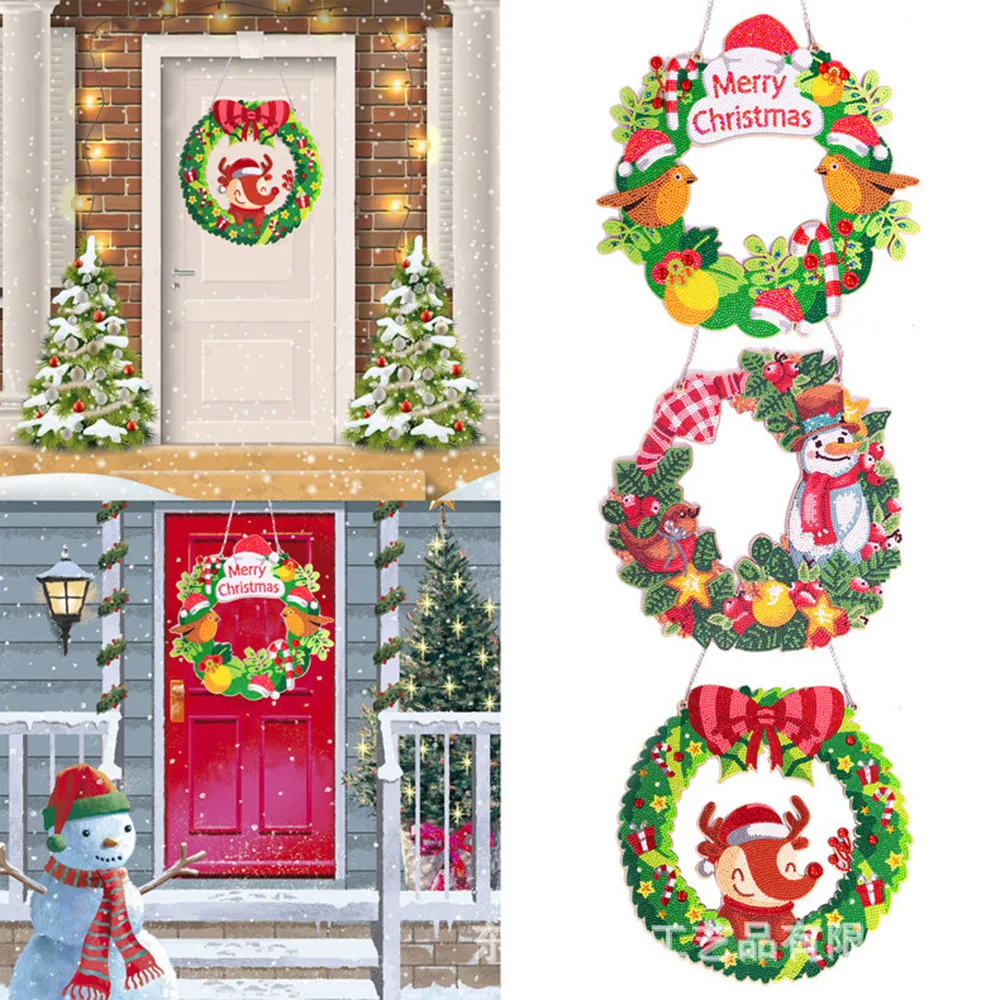 

5D DIY Diamond Painting Christmas Crystal Wreath Kits Mosaic Art Crafts Rhinestone Drawing Garland Door Wall Hanging Pendants