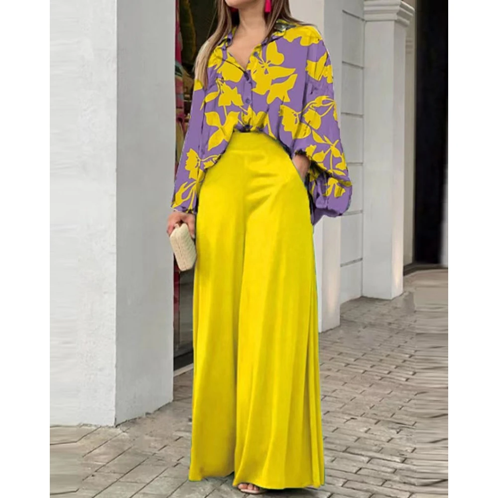 2023 Casual New Women Floral Print Long Sleeve Shirts Top & High Waist Wide Leg Pants Sets Oversized 2 Pieces Woman Summer