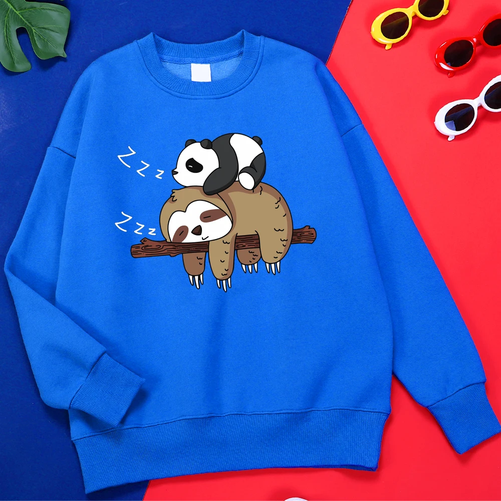 

Panda Lying On A Sloth Printing Male Hoodie Fleece Vintage Hoodies Classic Round Neck Clothes Simplicity Fashion Sweatshirts