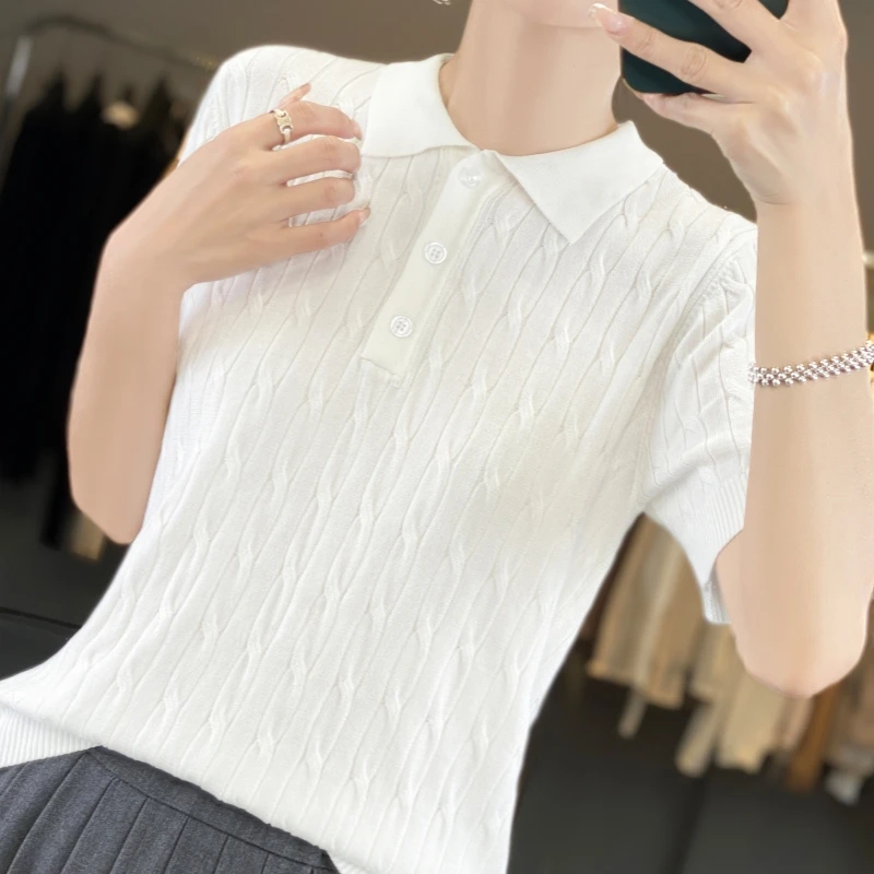 Летом новый вязаный женский свободный свитер-поло из 100% чистой шерсти с